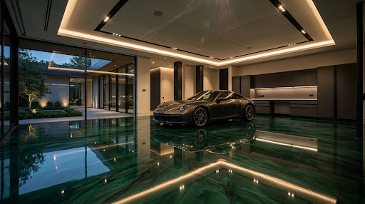 High-gloss emerald metallic epoxy showroom floor with luxury sports coupe